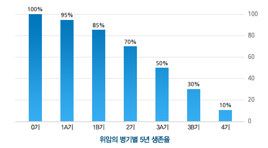 위암의 병기별 5년 생존율